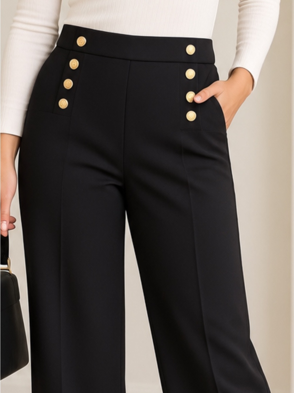 Jules & Leopold Black Wide-Leg Pants with Gold Buttons